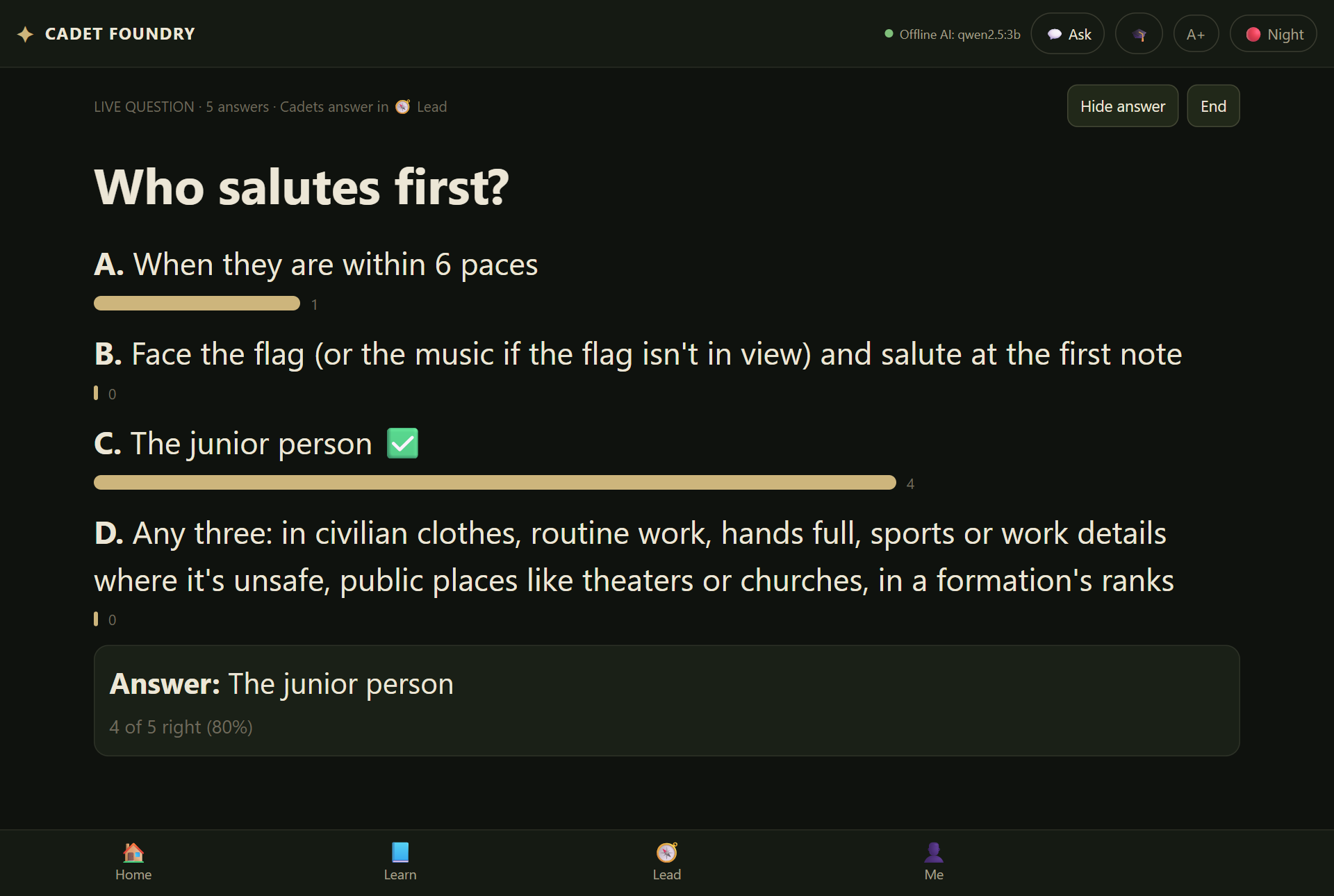 A live question with the answers revealed